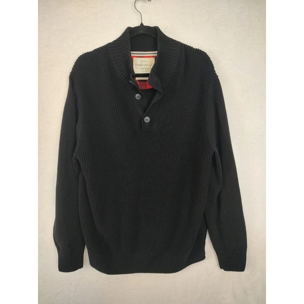 Weatherproof Vintage Mens Black Waffle Knit Mock Neck Button Sweater XL New